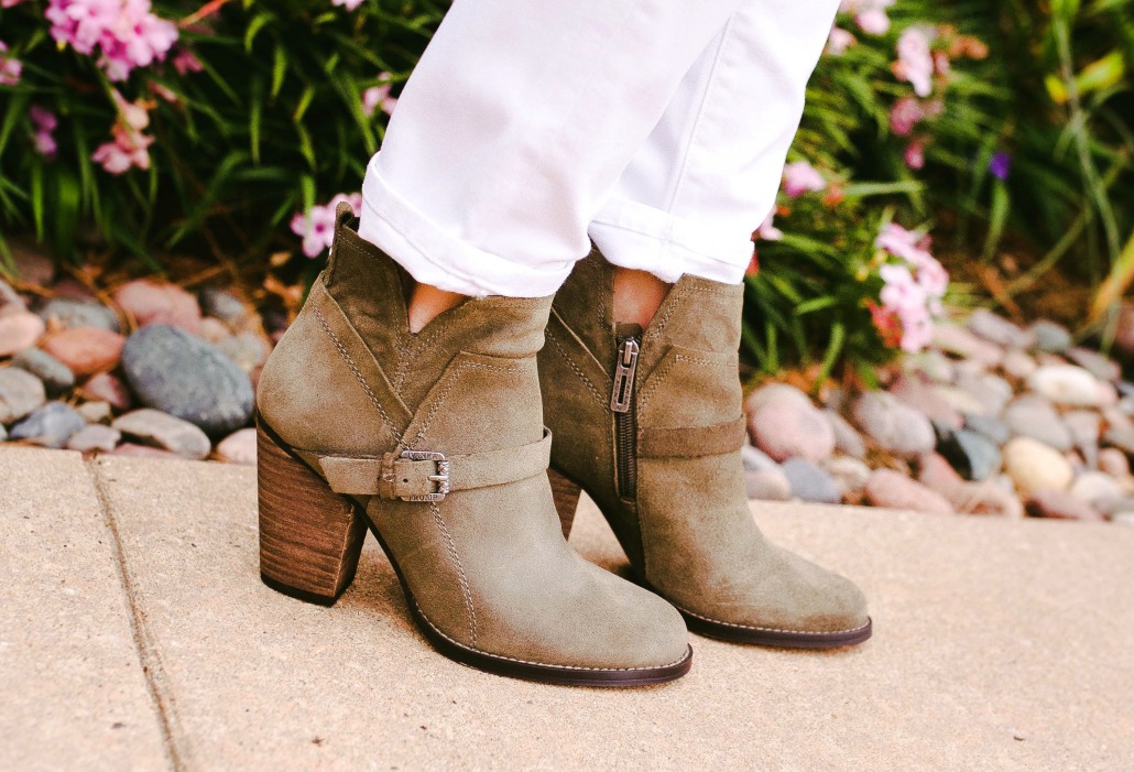 gray booties white jeans