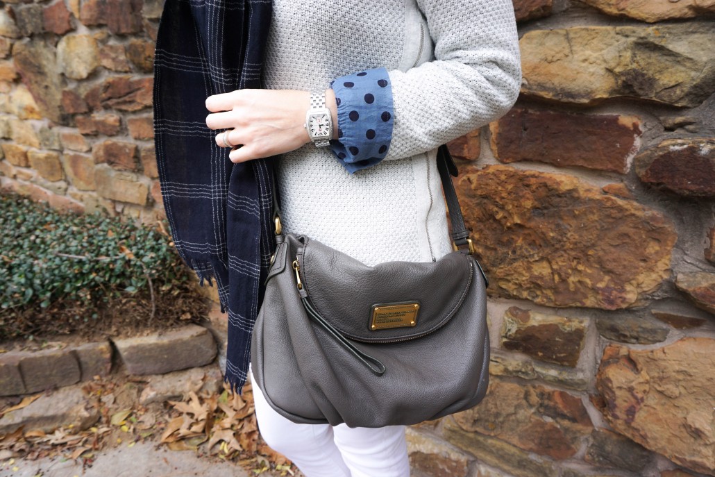 White Jeans Gray Sweater Navy Scarf
